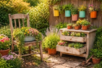 Alte Möbel, Restholz, Dosen und Gläser erhalten durch Upcycling im Garten neues Leben.