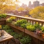 April-Nachmittag auf dem Balkon: Balkonkästen mit frischen Pflanzen im Urban Gardening.