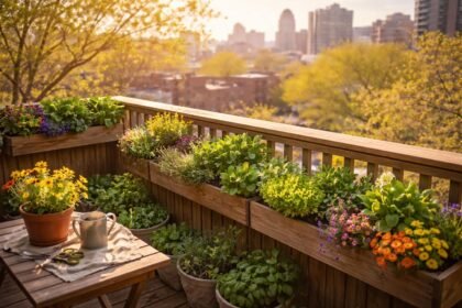 April-Nachmittag auf dem Balkon: Balkonkästen mit frischen Pflanzen im Urban Gardening.
