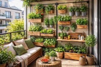 - Vertikale Gärten nutzen Wände, Geländer und Regale für frisches Gemüse