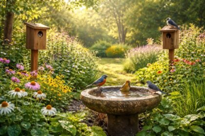 • Vogelfreundlicher Garten: Nistplätze, Tränken im April, Artenvielfalt sichtbar und Lebensraum für Singvögel.