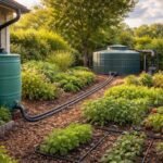 Regentonne im Garten sammelt Regenwasser, grüne Pflanzen danken mit gesundem Wachstum.