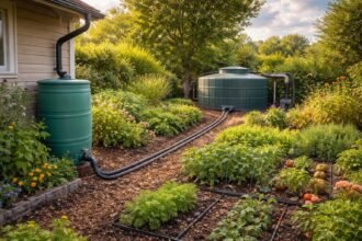 Regentonne im Garten sammelt Regenwasser, grüne Pflanzen danken mit gesundem Wachstum.