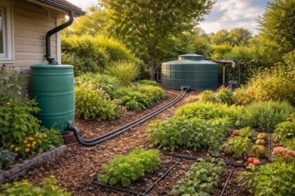 Regentonne im Garten sammelt Regenwasser, grüne Pflanzen danken mit gesundem Wachstum.