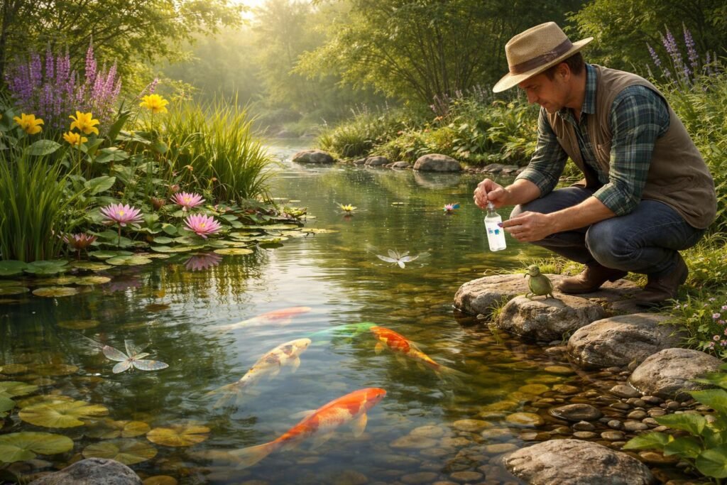 Frühlingslicht über einem Gartenteich, klare Wasserwerte werden gemessen und das Gleichgewicht wiederhergestellt.