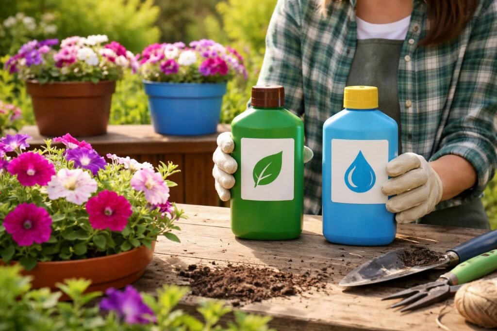 - Gepflegte Petunien im Balkonkasten, daneben Düngerbehälter, Messbecher, Etiketten und Bewässerungssystem.