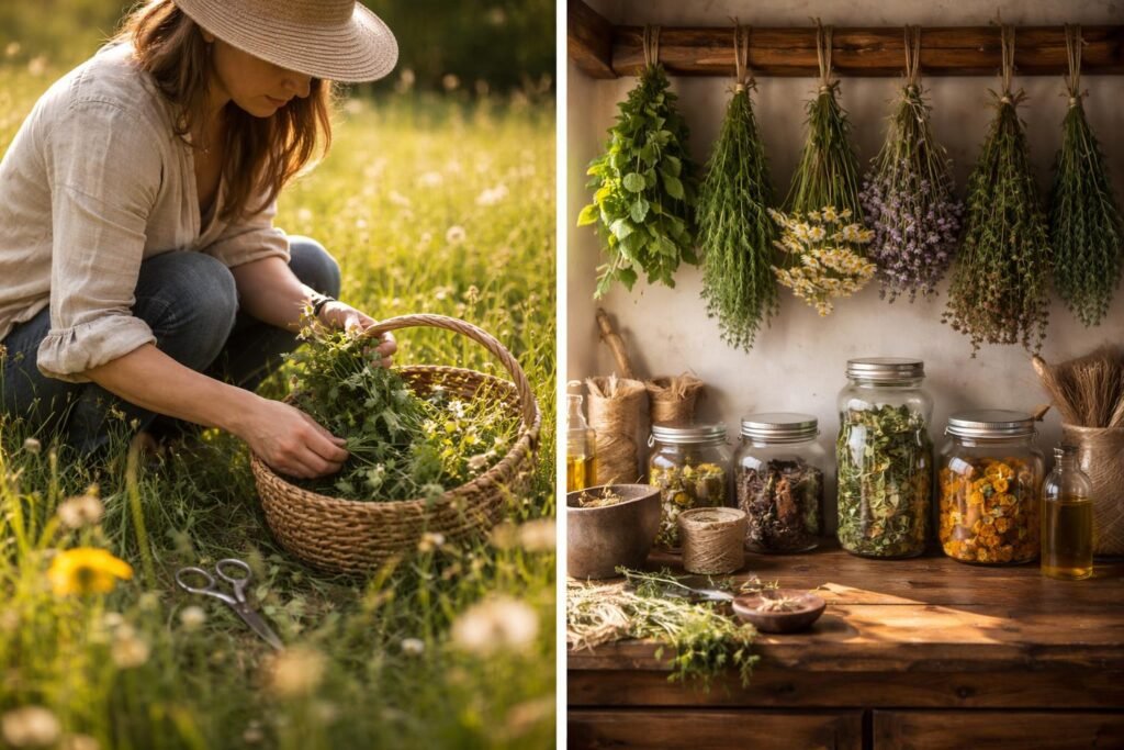 Frisch geerntete Wildkräuter liegen im Korb, Naturduft erfüllt die Luft.