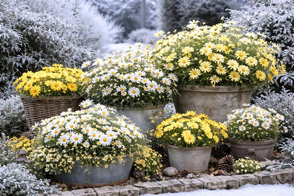 Winterharte Margeriten für Beet und Kübel, sonnig blühend, pflegeleicht und robust.