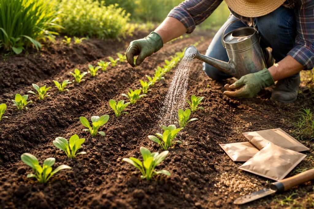 Detailaufnahme von Zichorienpflanzen beim Aussäen und Pflegen junger Setzlinge im Garten oder Gewächshaus