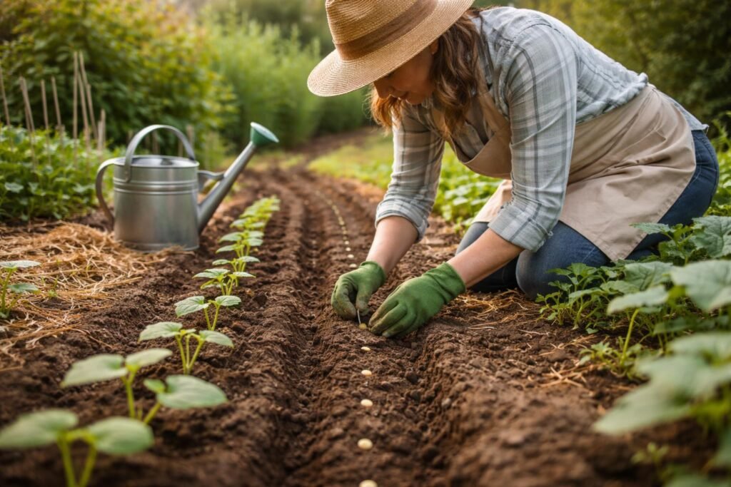 Gurkenpflanzen gedeihen im Garten, sorgfältig begleitet von Aussaat bis zu jungen Setzlingen und Pflege.