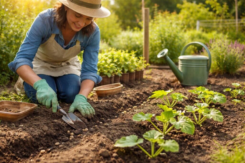 - Junge Zucchini im Garten, Aussaat und richtige Pflanzzeit im Überblick.