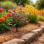 - Hochsommer, Trockenstress: Blumenbeet mit schlaffen Blättern, welken Blüten, staubigem Boden.