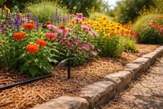 - Hochsommer, Trockenstress: Blumenbeet mit schlaffen Blättern, welken Blüten, staubigem Boden.