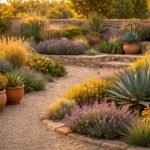 Sonniger Garten mit hitzefesten Stauden, Kräutern und Trockenbeeten im Hintergrund.