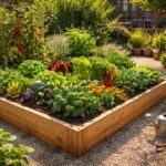 Hochbeet im Garten mit Gemüse, Tomaten, Salat und Kräutern bei Sonne
