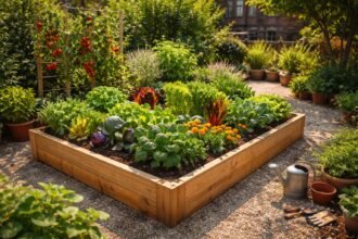 Hochbeet im Garten mit Gemüse, Tomaten, Salat und Kräutern bei Sonne