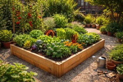 Hochbeet im Garten mit Gemüse, Tomaten, Salat und Kräutern bei Sonne
