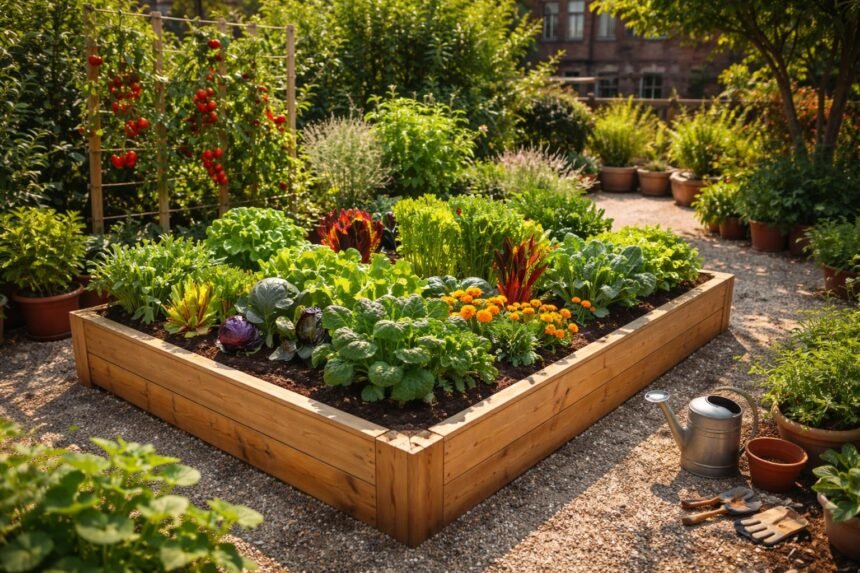 Hochbeet im Garten mit Gemüse, Tomaten, Salat und Kräutern bei Sonne