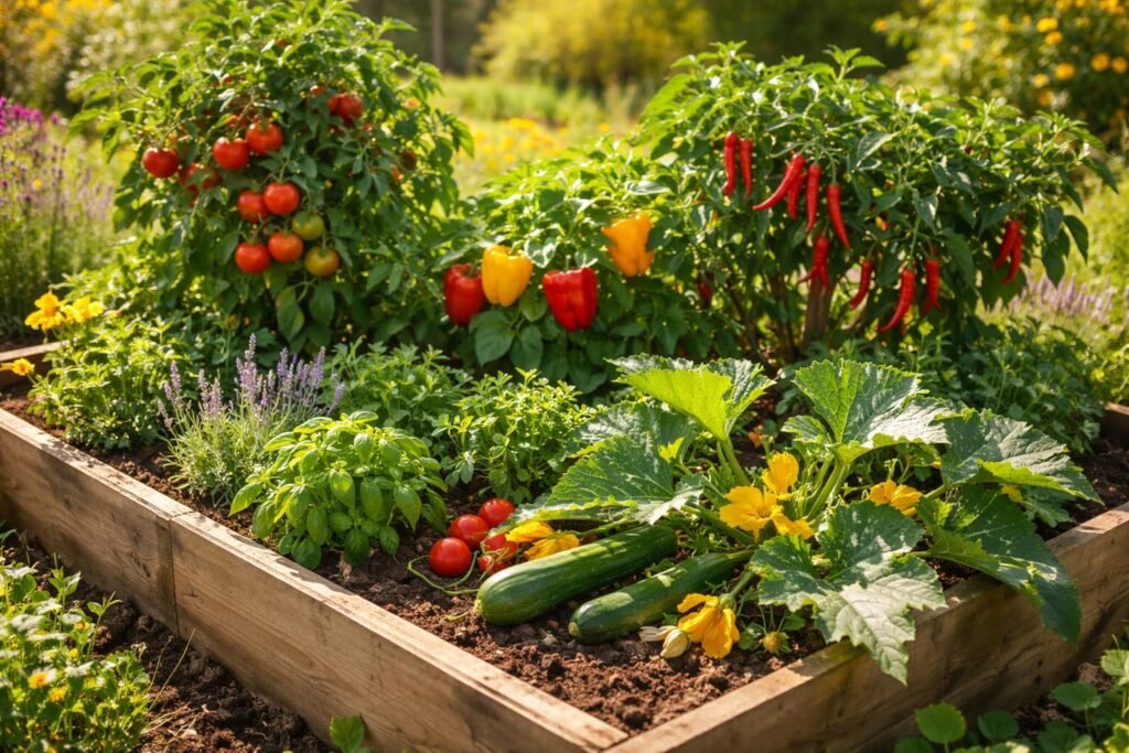 - Sonniges Hochbeet mit hitzeverträglichen Pflanzen, Kräutern und Beeren in voller Pracht