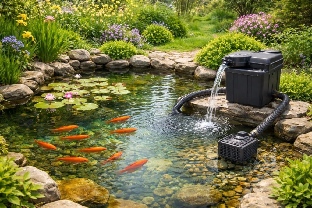Kleiner Gartenteich mit Goldfischen, klaren Wasserpflanzen und freundlicher Einsteigergestaltung im Heimgarten.