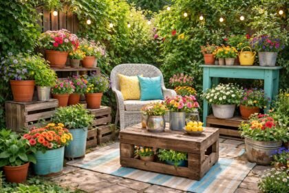Unkomplizierte DIY-Gartenideen: kreative Sitzgelegenheiten, Pflanzgefäße, Beleuchtung und Dekorationen für warme Sommerabende.