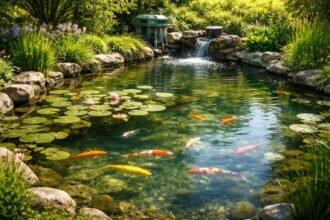- Lebhafter Gartenteich mit gesunden Fischen, klare Wasserwerte, natürlicher Lebensraum und ausgewogene Balance.