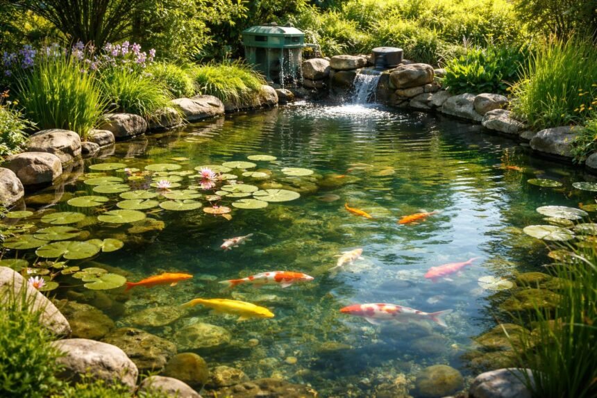 - Lebhafter Gartenteich mit gesunden Fischen, klare Wasserwerte, natürlicher Lebensraum und ausgewogene Balance.