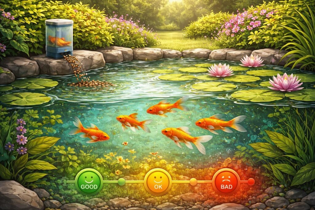 Bunte Goldfische schwimmen entspannt im Gartenteich beim Füttern, während das Wasser sauber bleibt.
