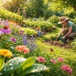 Garten im Juni mit blühenden Stauden, grünem Rasen und sonnigem Himmel