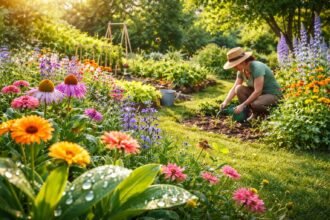 Garten im Juni mit blühenden Stauden, grünem Rasen und sonnigem Himmel