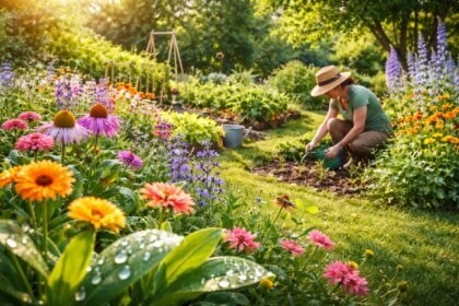 Garten im Juni mit blühenden Stauden, grünem Rasen und sonnigem Himmel