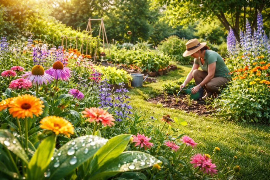 Garten im Juni mit blühenden Stauden, grünem Rasen und sonnigem Himmel