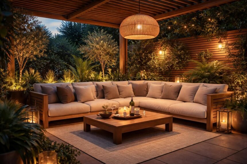- Moderne Gartenlounge mit klaren Linien, warmen Materialien und Ruhe unter freiem Himmel.