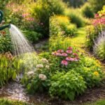- Üppiger Juni-Garten mit grünen Blättern, Blumen, Gießkanne und Unkrautregulierung im Hintergrund
