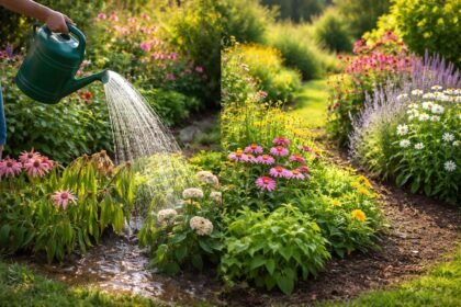 - Üppiger Juni-Garten mit grünen Blättern, Blumen, Gießkanne und Unkrautregulierung im Hintergrund