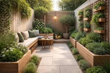- Kleiner Garten wird großzügig durch clevere Strukturen, Pflanzgefäße und Zonierung.
