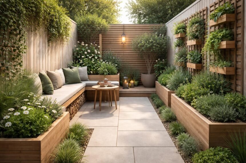 - Kleiner Garten wird großzügig durch clevere Strukturen, Pflanzgefäße und Zonierung.