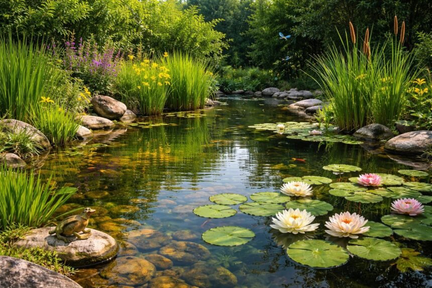 Vielfalt und Lebensraum schaffen durch passende Wasserpflanzen im Gartenteich für Insekten und Amphibien.