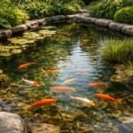 Nahaufnahme eines Gartenteichs mit leuchtenden Goldfischen bei Sonnenlicht und klarer Wasseroberfläche im Hintergrund grüne Pflanzen