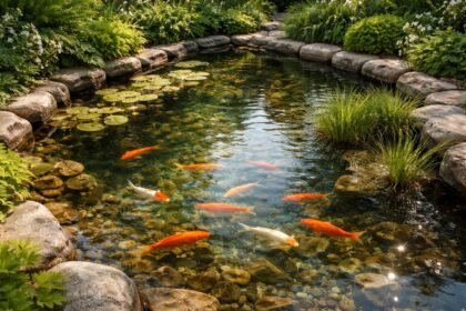 Nahaufnahme eines Gartenteichs mit leuchtenden Goldfischen bei Sonnenlicht und klarer Wasseroberfläche im Hintergrund grüne Pflanzen