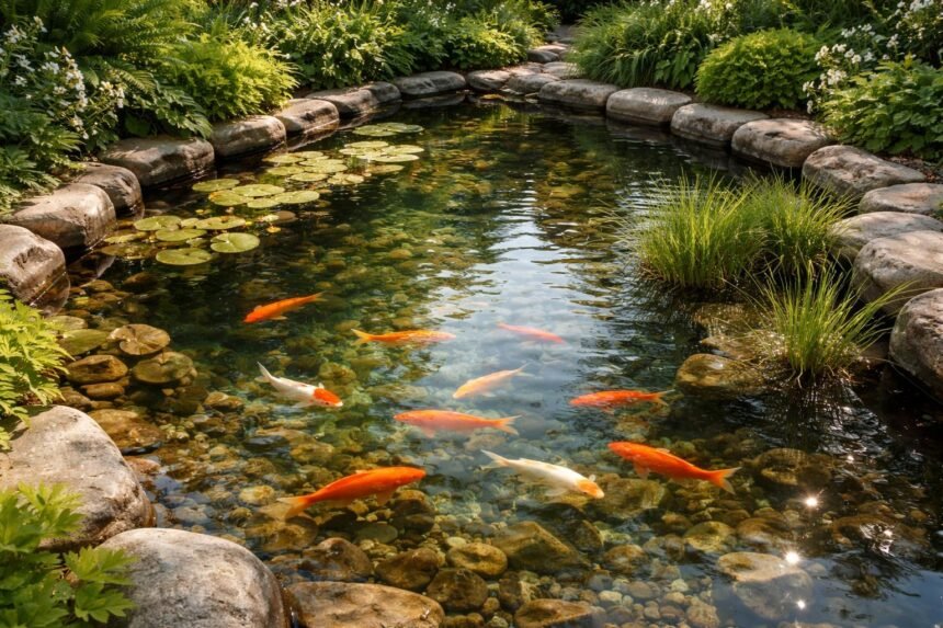 Nahaufnahme eines Gartenteichs mit leuchtenden Goldfischen bei Sonnenlicht und klarer Wasseroberfläche im Hintergrund grüne Pflanzen