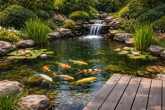Glitzerndes Wasser, elegante Koi-Karpfen, ruhige Atmosphäre, Gartenidylle, Pflegeaufwand, Kosten und Wartung
