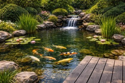 Glitzerndes Wasser, elegante Koi-Karpfen, ruhige Atmosphäre, Gartenidylle, Pflegeaufwand, Kosten und Wartung