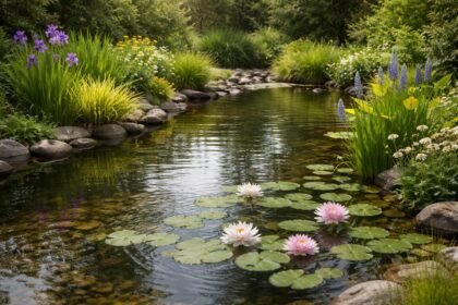 - Blick auf einen pflegeleichten Gartenteich mit robusten Teichpflanzen für Anfänger