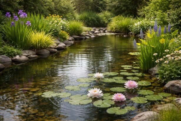- Blick auf einen pflegeleichten Gartenteich mit robusten Teichpflanzen für Anfänger