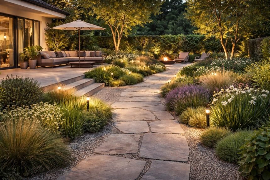 - Moderner Gartenweg verbindet Terrasse, Beete und Sitzplätze harmonisch im Sommergarten und schafft stimmige Atmosphäre.