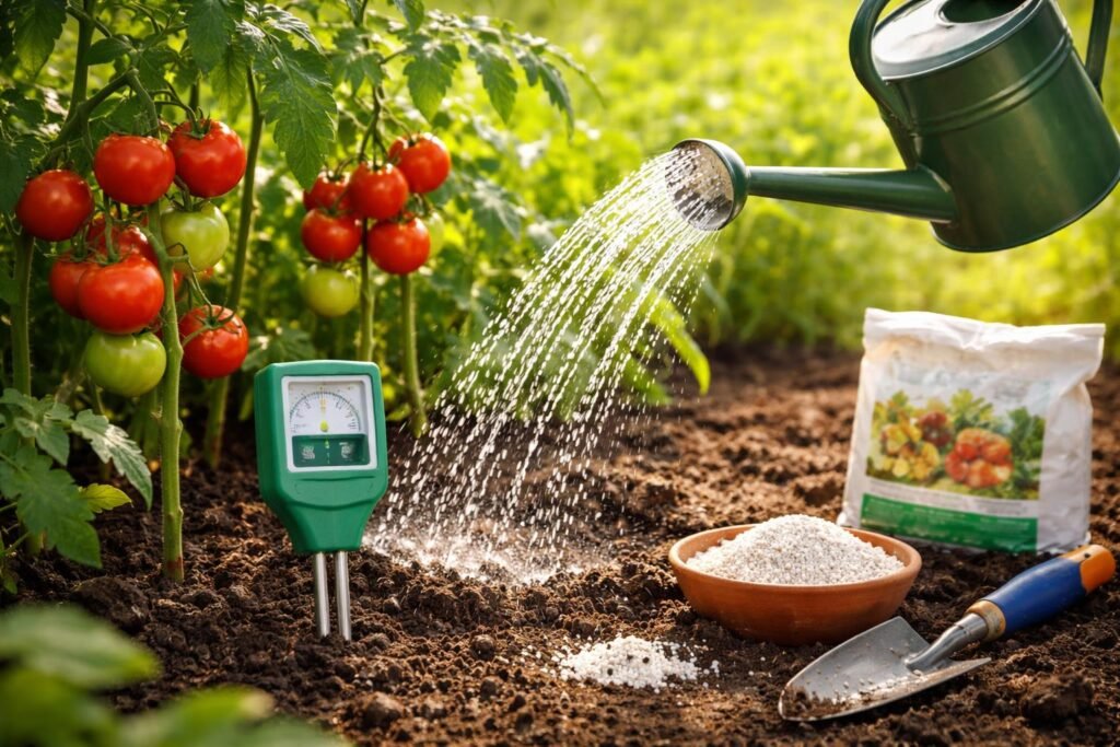 Tomatenpflanzen beim richtigen Gießen und Düngen sorgfältig im Garten dargestellt