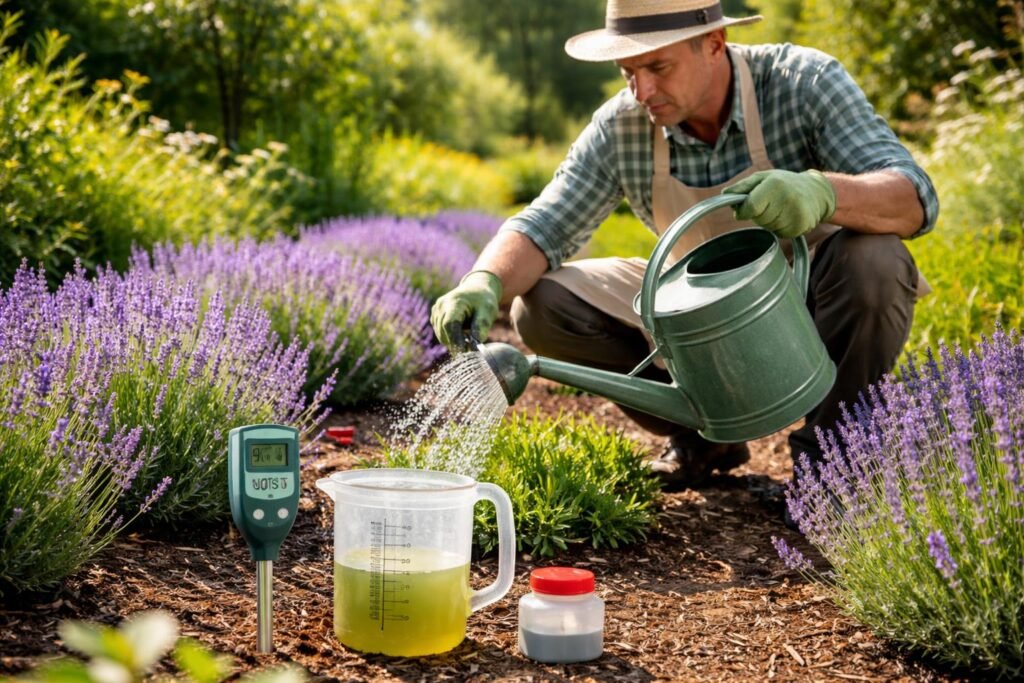 Lavendel im Garten, sonnig pflegen; trocken halten; sicher gießen und düngen; üppige Blüten im Sommer.