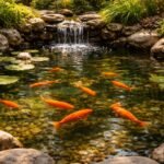 • Lebendige Goldfische schwimmen in einem ruhigen Gartenteich mit Pflanzen und sanftem Licht.