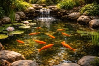 • Lebendige Goldfische schwimmen in einem ruhigen Gartenteich mit Pflanzen und sanftem Licht.